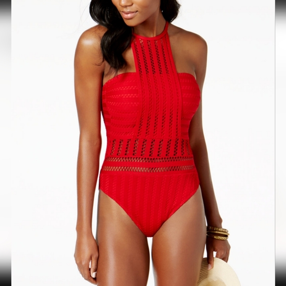 KENNETH COLE Tough Luxe Crochet High-Neck One-Piece Swimsuit Size M